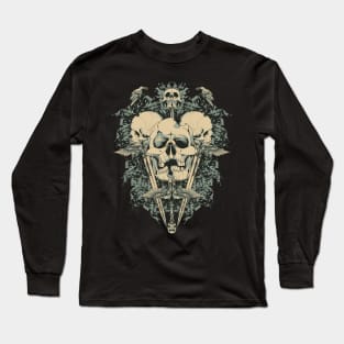 Zombie Aztec Skull Bones with Ravens Long Sleeve T-Shirt